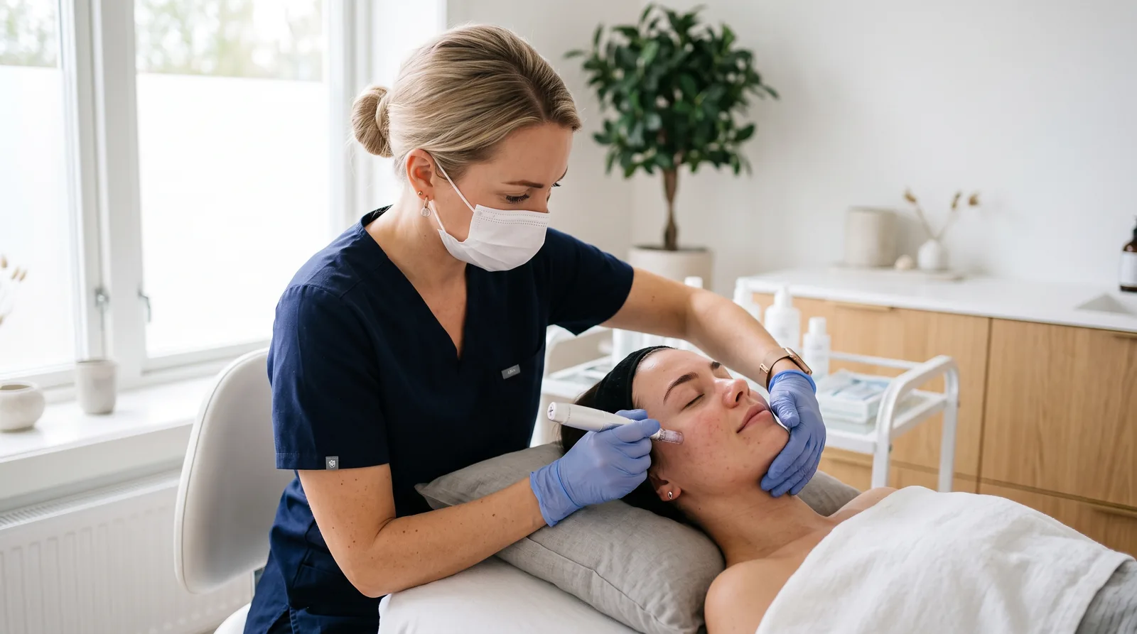 Behandlare utför microneedling mot akneärr på en klient i en klinik