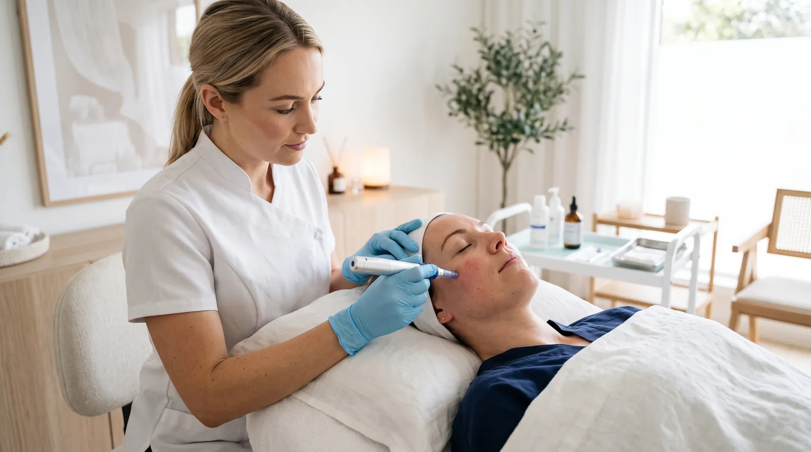 Legitimerad behandlare utför microneedling på en klient i en modern klinik