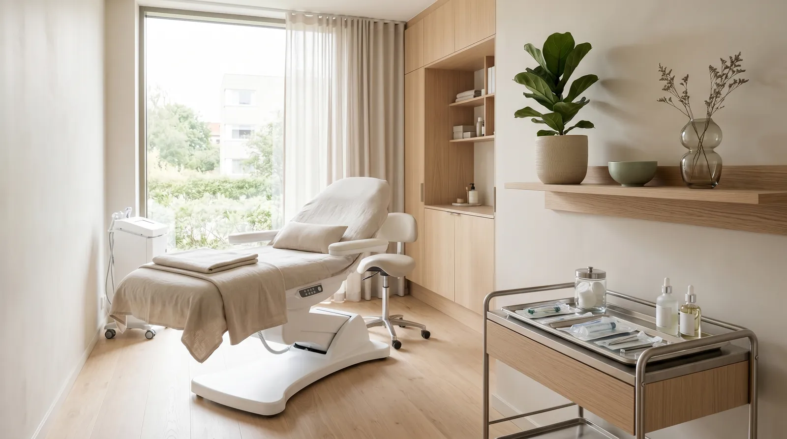 Rent och minimalistiskt behandlingsrum på en skandinavisk estetisk klinik