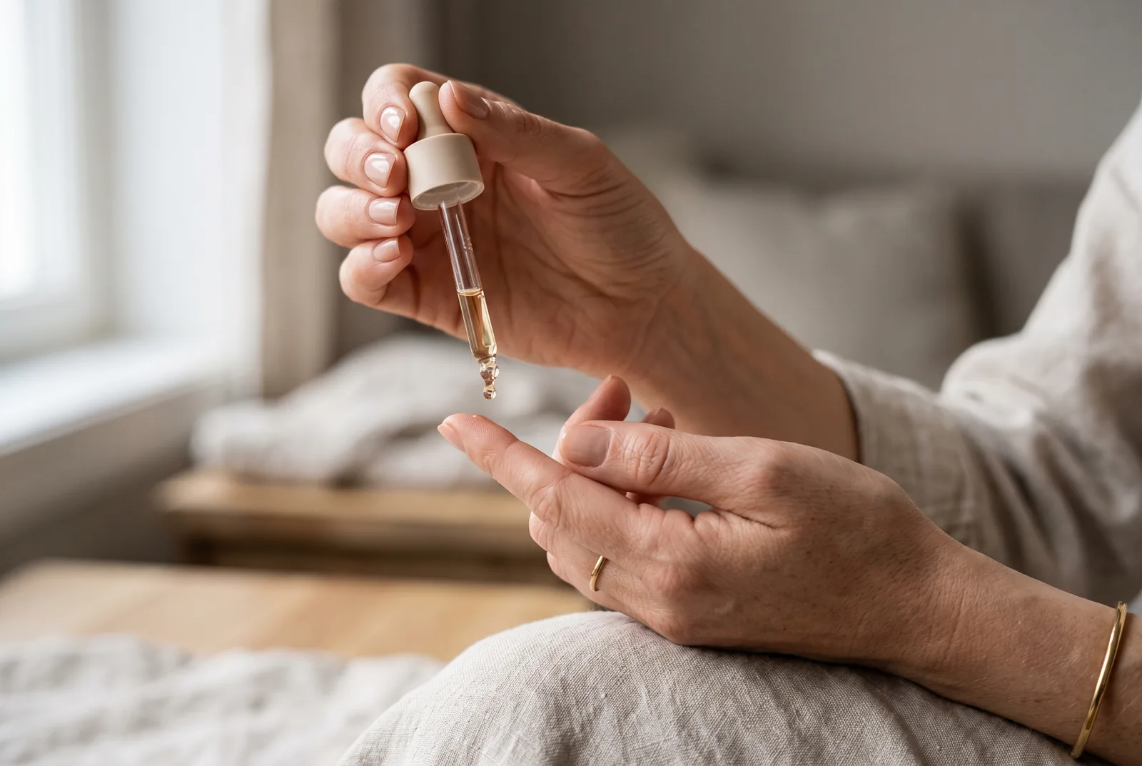 Närbild på serum som droppas från en glaspipett på fingertopparna