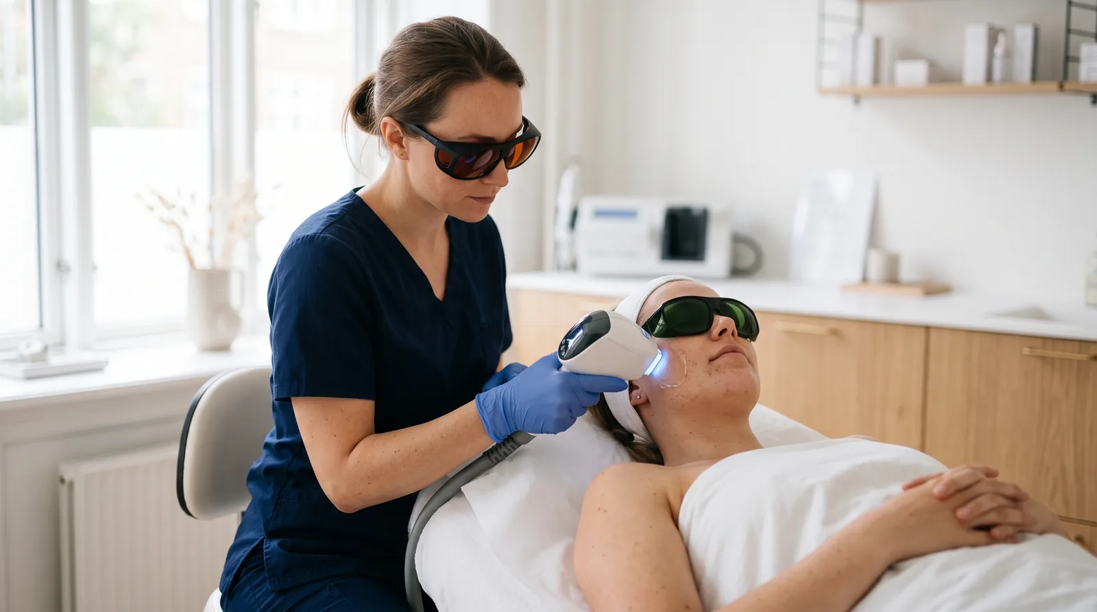 Kliniker utför IPL- eller laserbehandling mot pigment, båda med skyddsglasögon